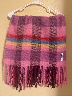 Steve Madden Pink Plaid Fringe Scarf with Multicolor Stripes
